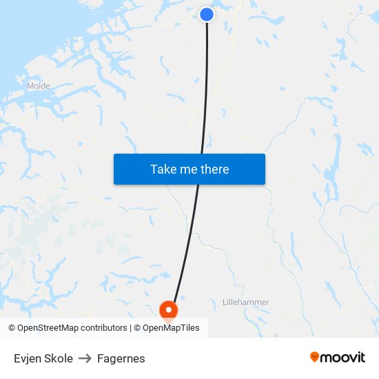 Evjen Skole to Fagernes map