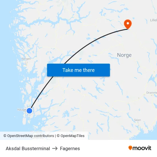 Aksdal Bussterminal to Fagernes map