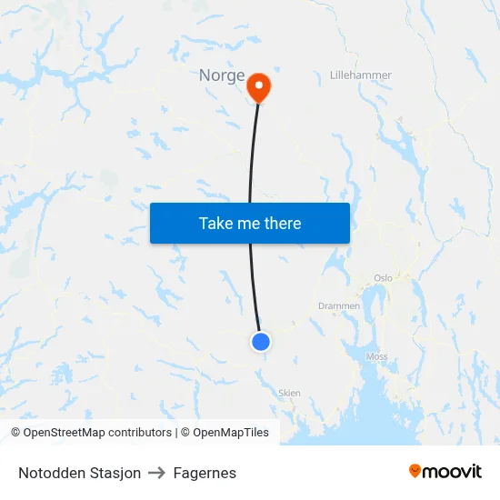 Notodden Stasjon to Fagernes map
