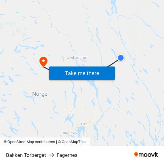 Bakken Tørberget to Fagernes map