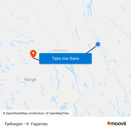 Fjellvegen to Fagernes map