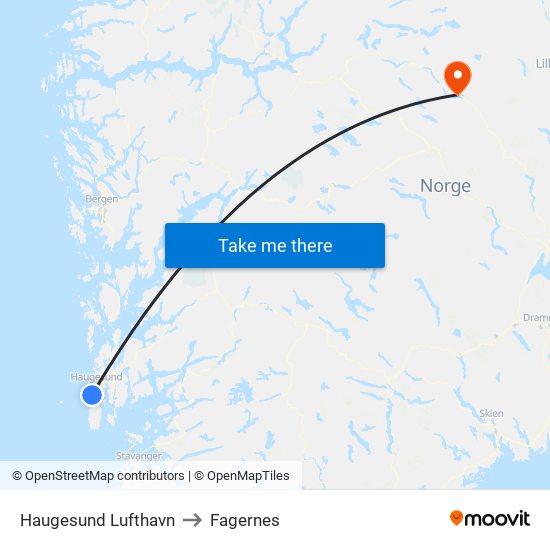 Haugesund Lufthavn to Fagernes map