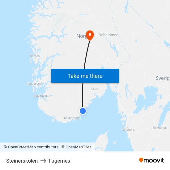 Steinerskolen to Fagernes map