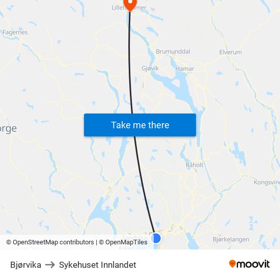 Bjørvika to Sykehuset Innlandet map