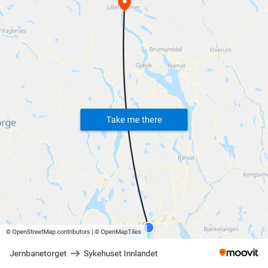 Jernbanetorget to Sykehuset Innlandet map