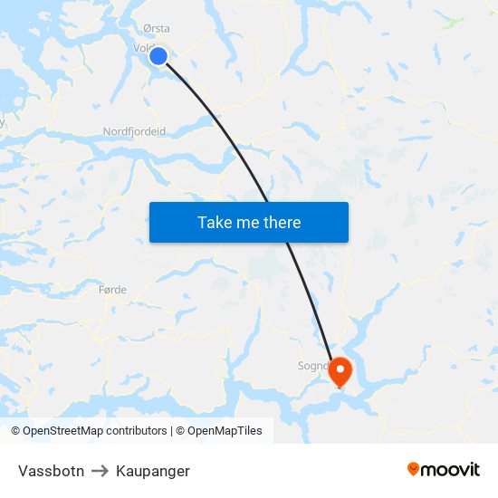 Vassbotn to Kaupanger map