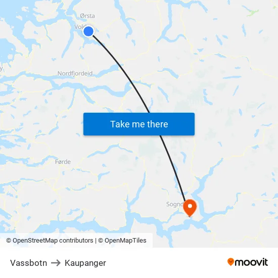 Vassbotn to Kaupanger map
