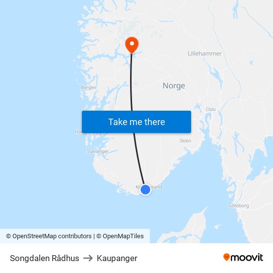 Songdalen Rådhus to Kaupanger map