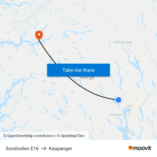 Sundvollen E16 to Kaupanger map