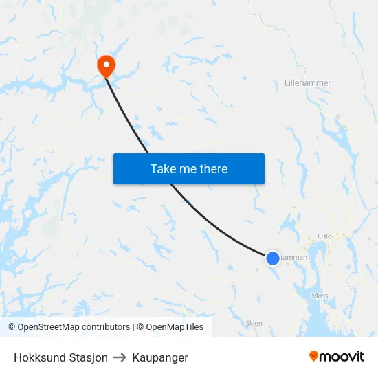 Hokksund Stasjon to Kaupanger map