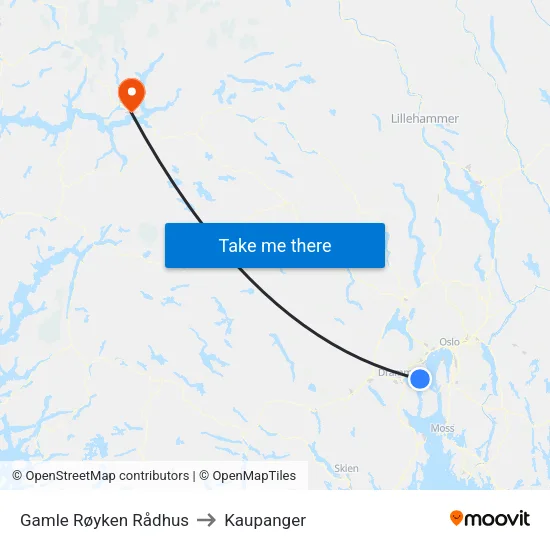 Gamle Røyken Rådhus to Kaupanger map