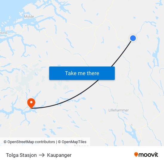 Tolga Stasjon to Kaupanger map