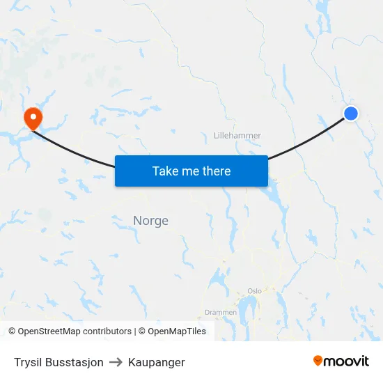 Trysil Busstasjon to Kaupanger map