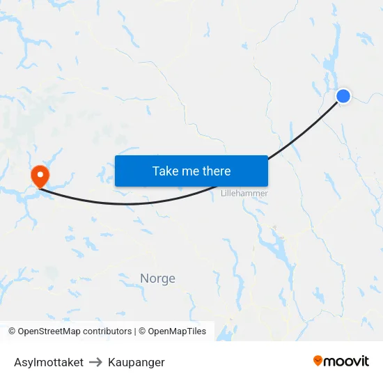 Asylmottaket to Kaupanger map