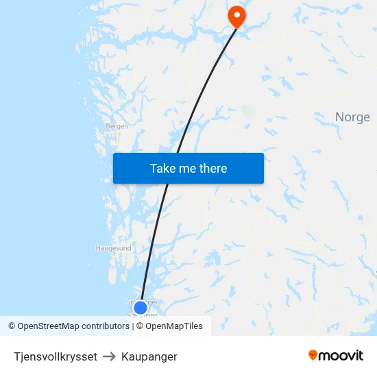 Tjensvollkrysset to Kaupanger map
