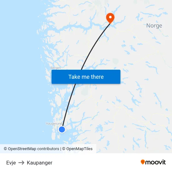 Evje to Kaupanger map