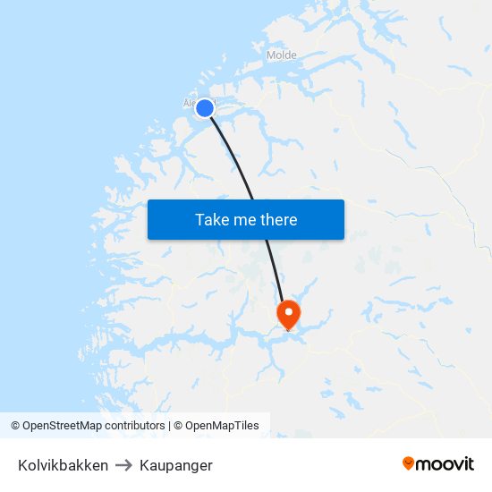 Kolvikbakken to Kaupanger map