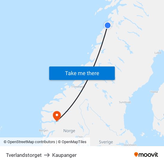 Tverlandstorget to Kaupanger map