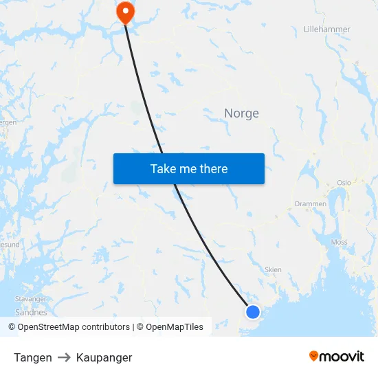 Tangen to Kaupanger map