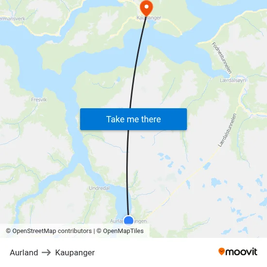 Aurland to Kaupanger map