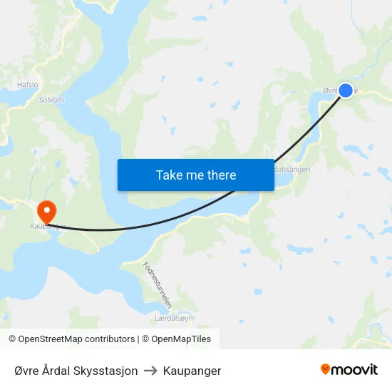 Øvre Årdal Skysstasjon to Kaupanger map