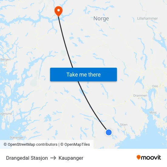 Drangedal Stasjon to Kaupanger map