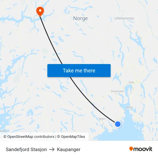 Sandefjord Stasjon to Kaupanger map