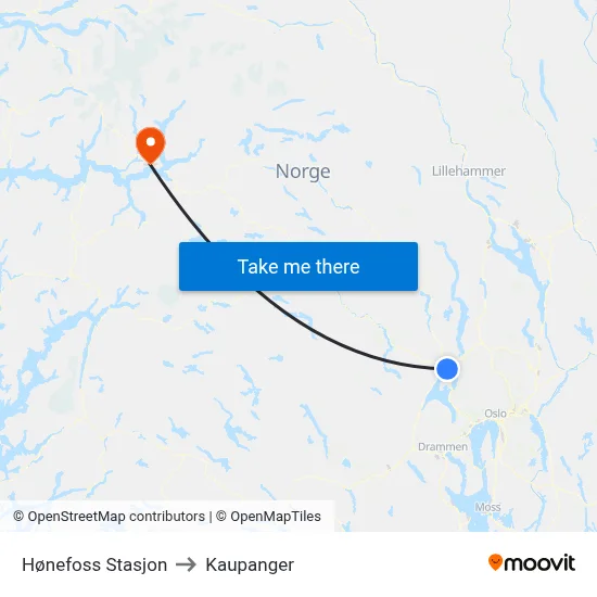Hønefoss Stasjon to Kaupanger map