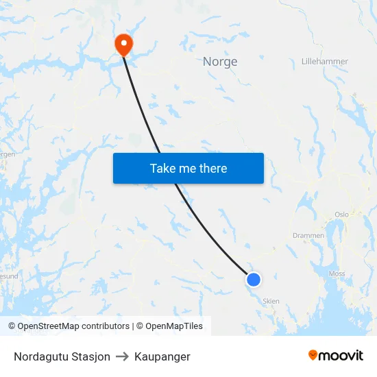Nordagutu Stasjon to Kaupanger map