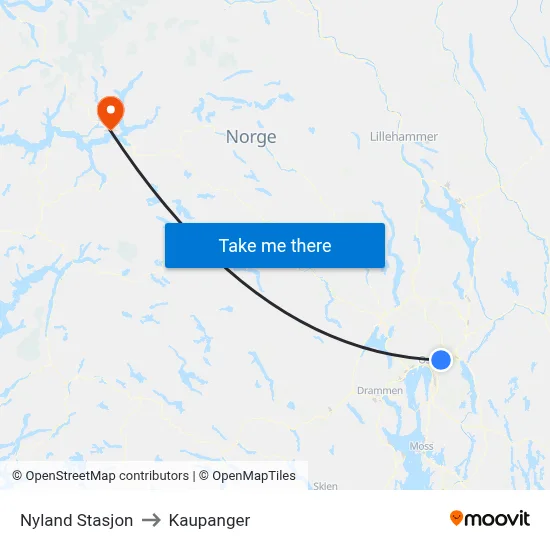 Nyland Stasjon to Kaupanger map