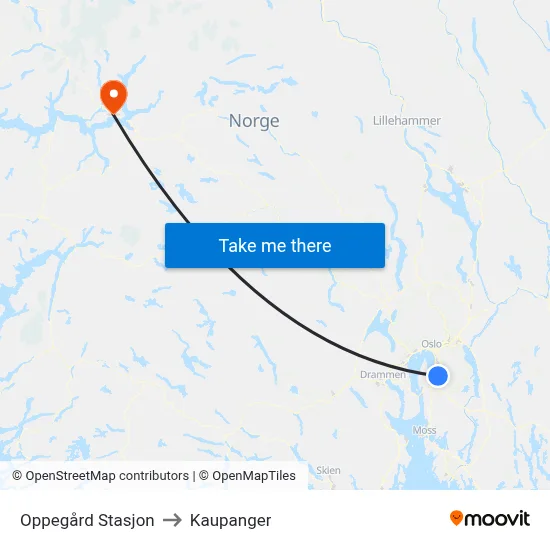 Oppegård Stasjon to Kaupanger map