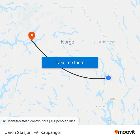 Jaren Stasjon to Kaupanger map