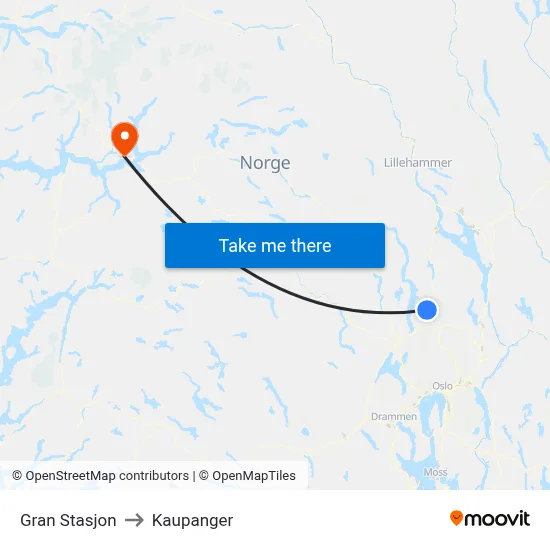 Gran Stasjon to Kaupanger map