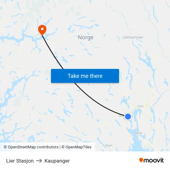 Lier Stasjon to Kaupanger map