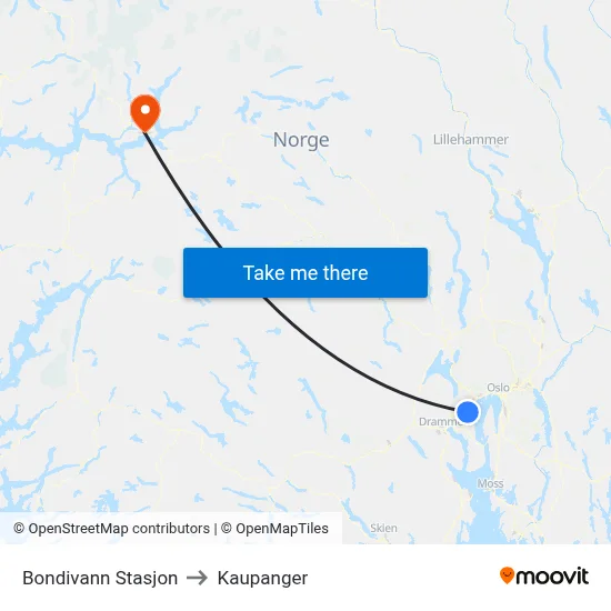 Bondivann Stasjon to Kaupanger map