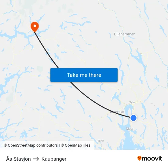 Ås Stasjon to Kaupanger map