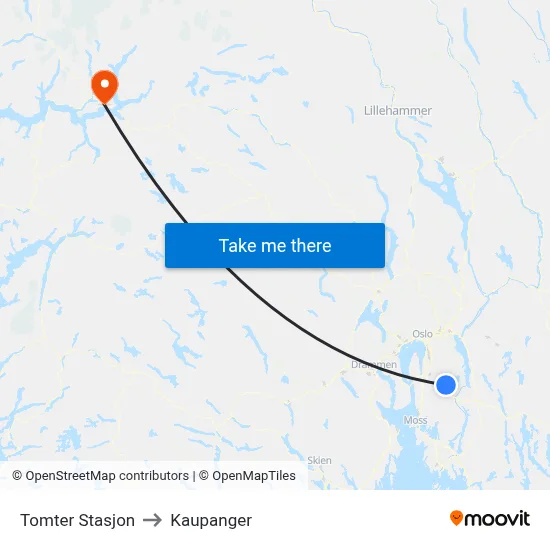 Tomter Stasjon to Kaupanger map
