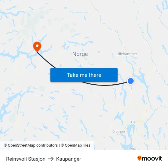 Reinsvoll Stasjon to Kaupanger map