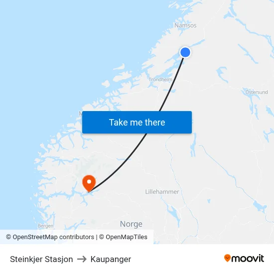 Steinkjer Stasjon to Kaupanger map