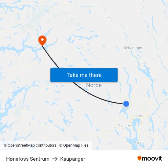 Hønefoss Sentrum to Kaupanger map