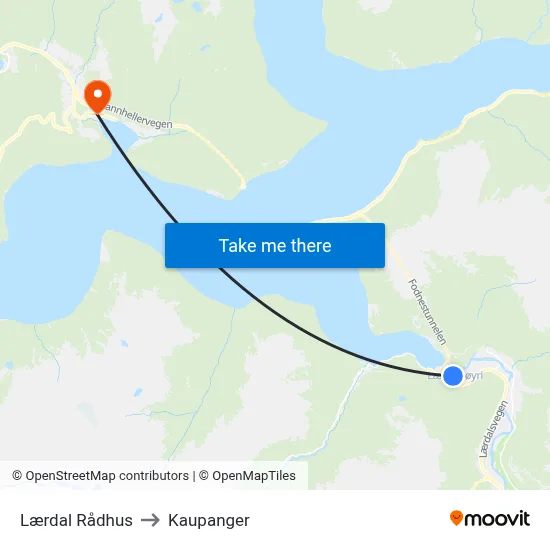 Lærdal Rådhus to Kaupanger map