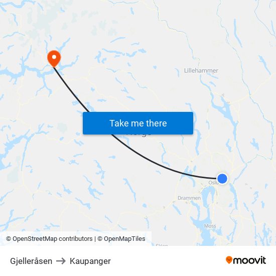 Gjelleråsen to Kaupanger map