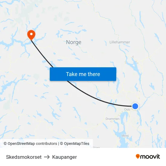 Skedsmokorset to Kaupanger map
