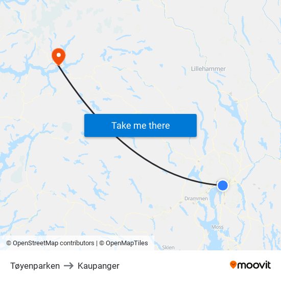 Tøyenparken to Kaupanger map