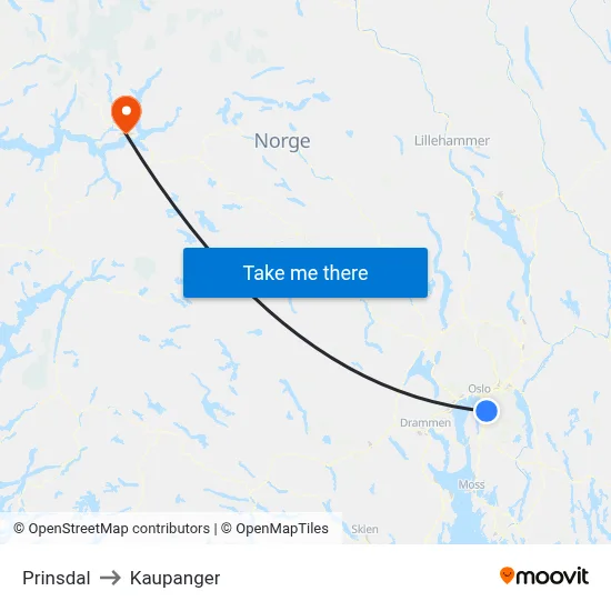 Prinsdal to Kaupanger map
