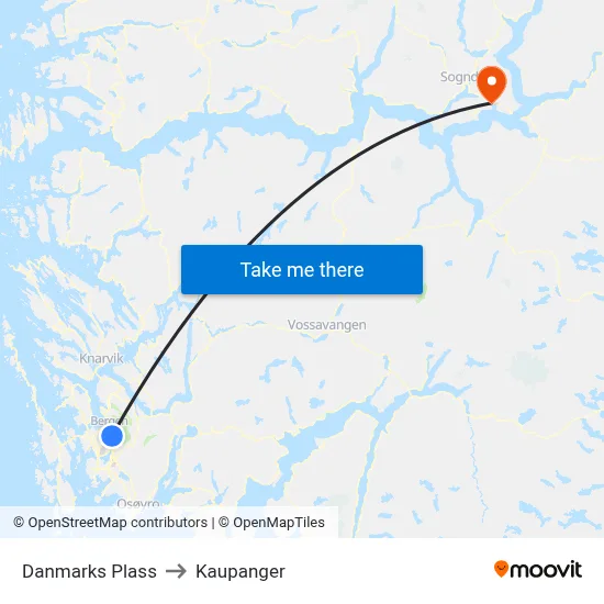 Danmarks Plass to Kaupanger map