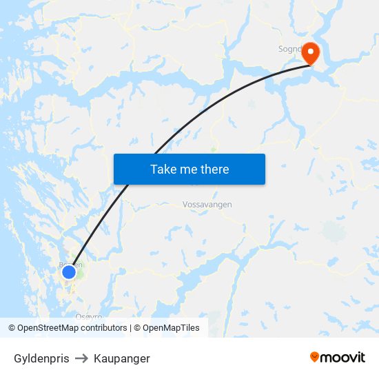 Gyldenpris to Kaupanger map