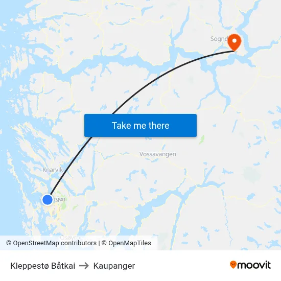 Kleppestø Båtkai to Kaupanger map