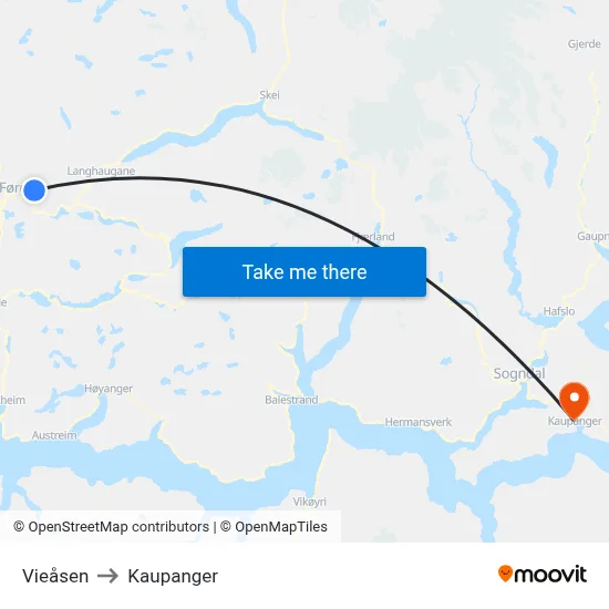 Vieåsen to Kaupanger map