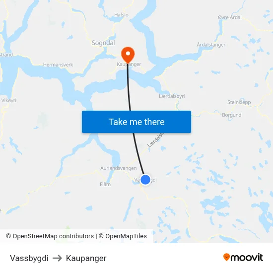 Vassbygdi to Kaupanger map